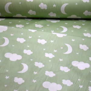 پارچه روتختی، روتشکی و ملحفه کودک لایکو سبز و سفید طرح ماه و ستاره و ابر سبز - لایکو